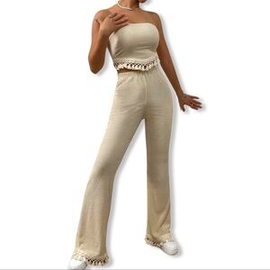 Cream Waffle/Knitted Tie Back Tassel Hem Tube Top & Wife Leg Pants Set | S | NWT